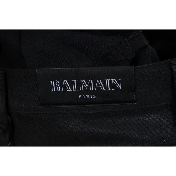 Balmain Mens Waxed Jeans 33x33 Black Slim Knee Slashed Distressed Stretch Denim - Picture 7 of 11
